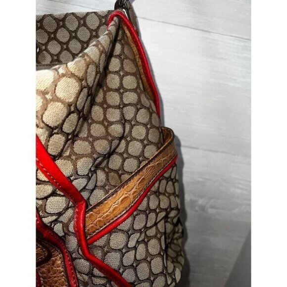 Brown & Red Circle Printed Shoulder Bag With Faux Croc Leather Straps & Padlock - Picture 7 of 12